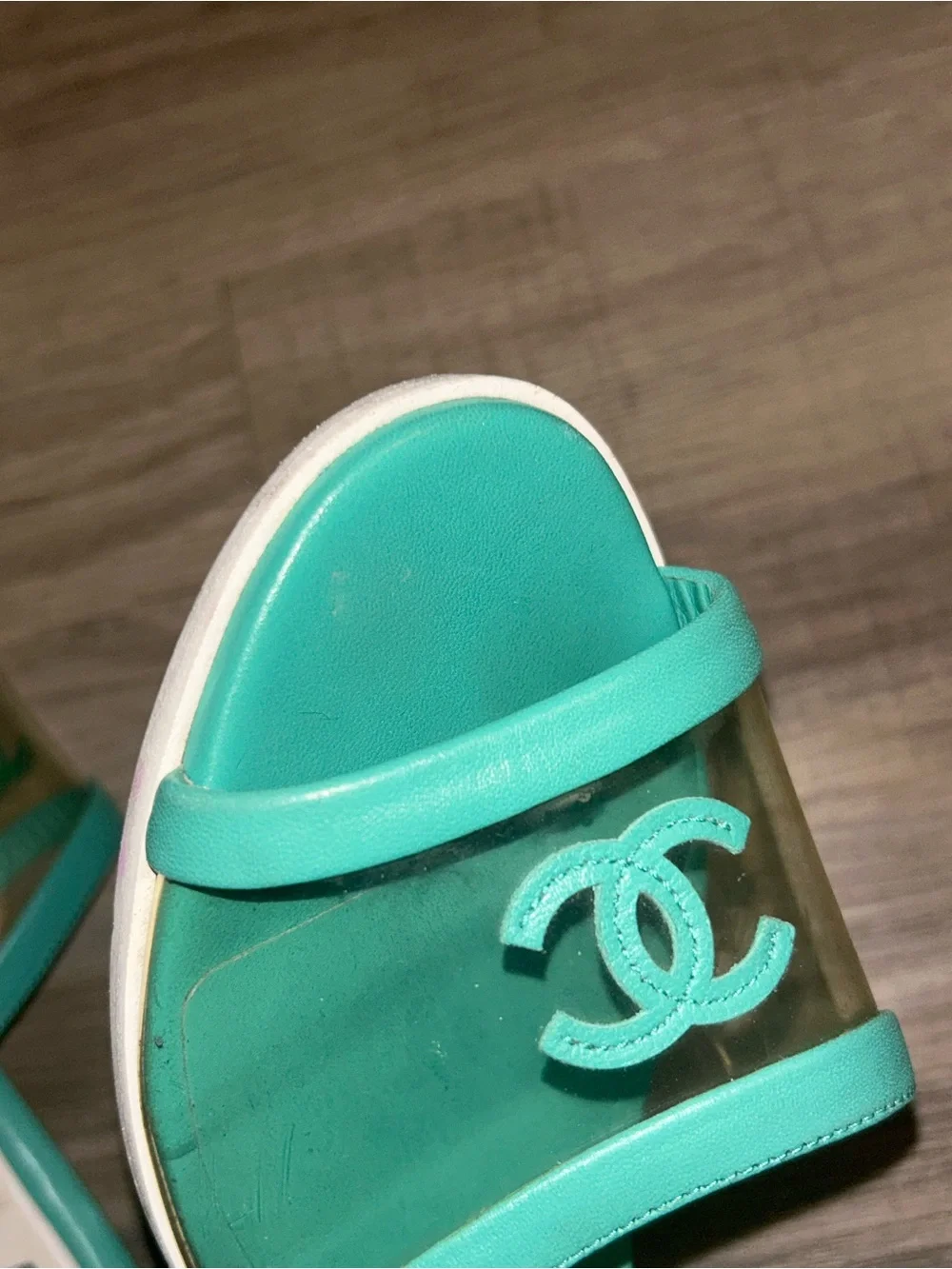 CHANEL Turquoise Green Leather PVC Slide Sandals-SIZE 36